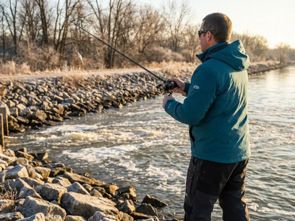 Angler casting spinnerbait into current seam at warm water discharge canal