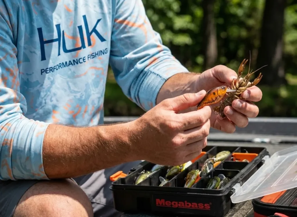 Angler comparing a custom orange crawfish-patterned lure to a real biological specimen, demonstrating the match-the-hatch advantage.