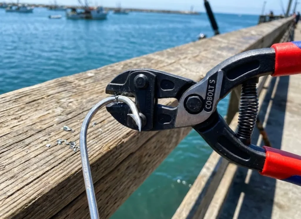 Knipex bolt cutters shearing the barb off a heavy Mustad saltwater hook