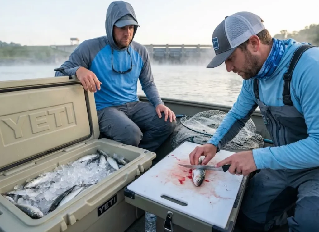 Angler cutting fresh skipjack herring for blue catfish bait with Dexter knife and ice slurry cooler