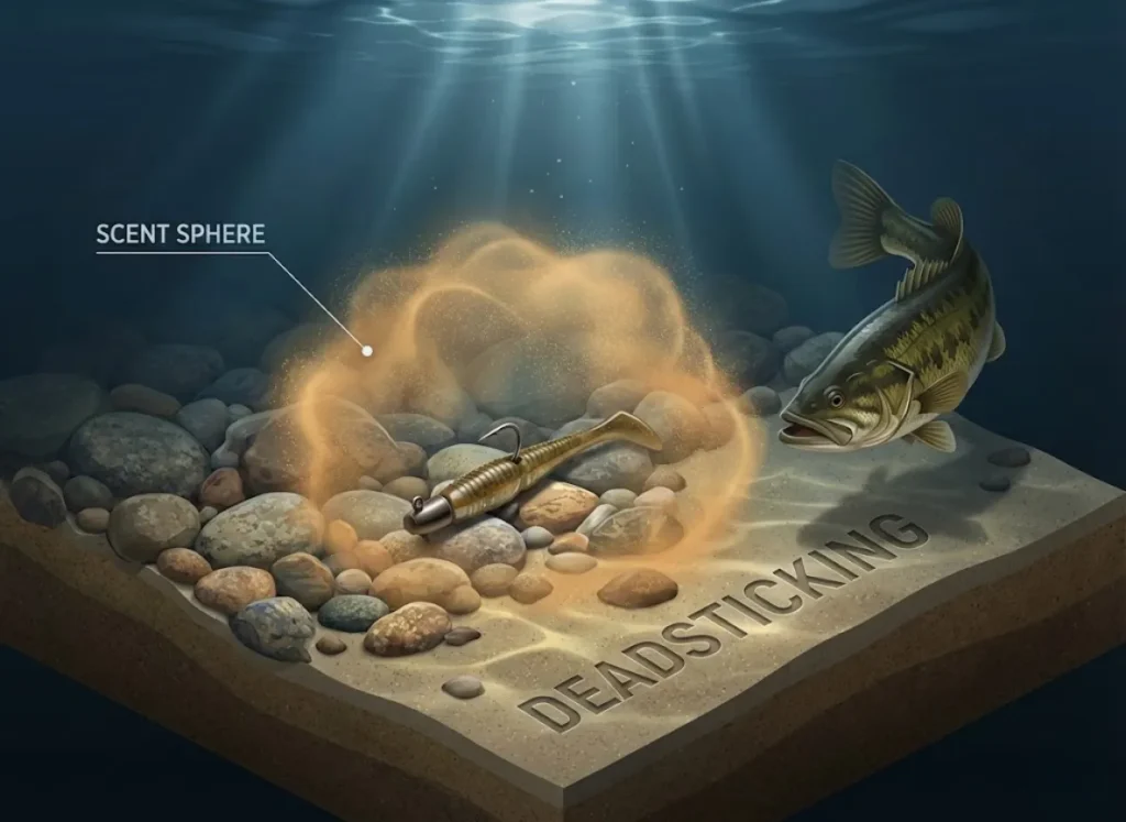 A high-definition underwater illustration showing a motionless fishing lure on a lakebed surrounded by a glowing, spherical cloud representing dissolved scent. A bass fish approaches the scent wall in the background.