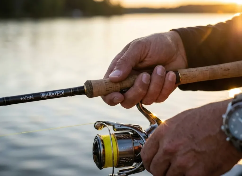 Close-up of an angler's hands holding a G. Loomis rod perfectly still, demonstrating the deadsticking technique.