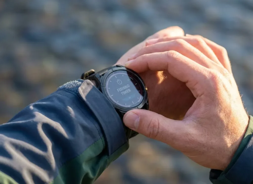 Close-up of a Garmin outdoor watch on an angler's wrist, checking time against a blurred river background to track dam release schedules.