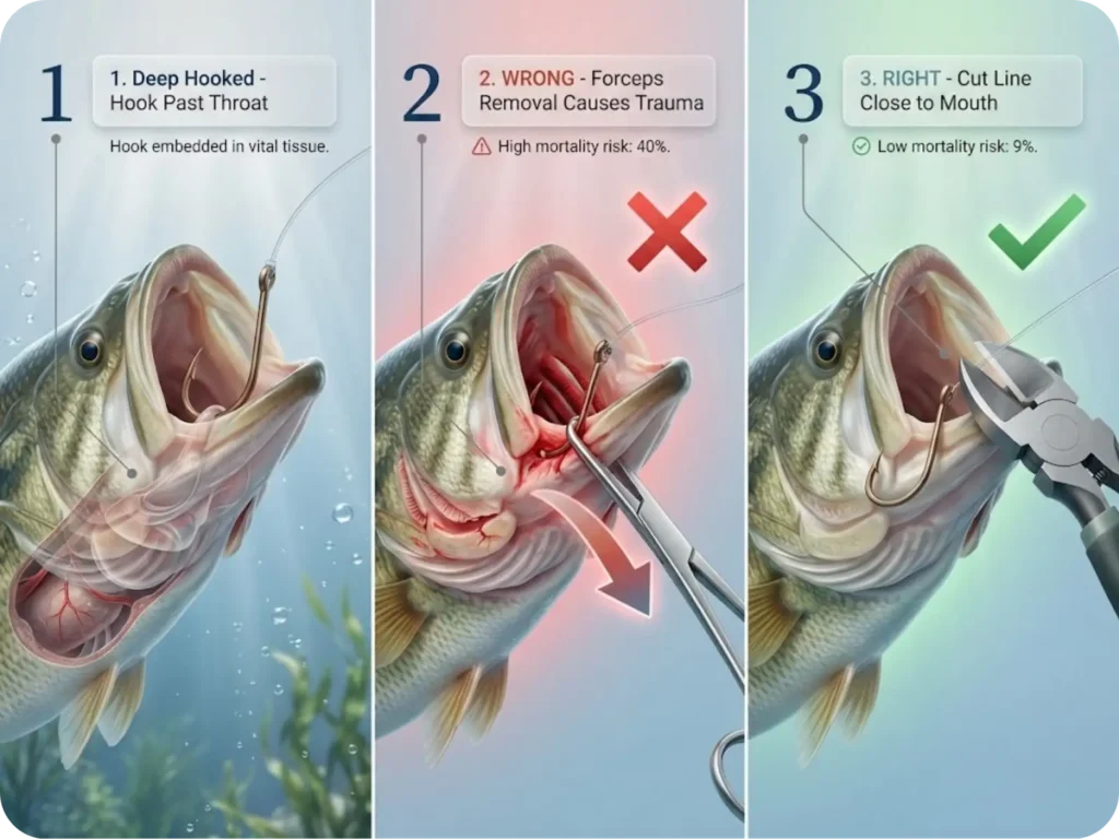 Three-panel instructional comparison showing proper deep-hook handling: identification of swallowed hook, incorrect forceps extraction causing tissue damage (marked wrong), and correct line-cutting protocol (marked correct).