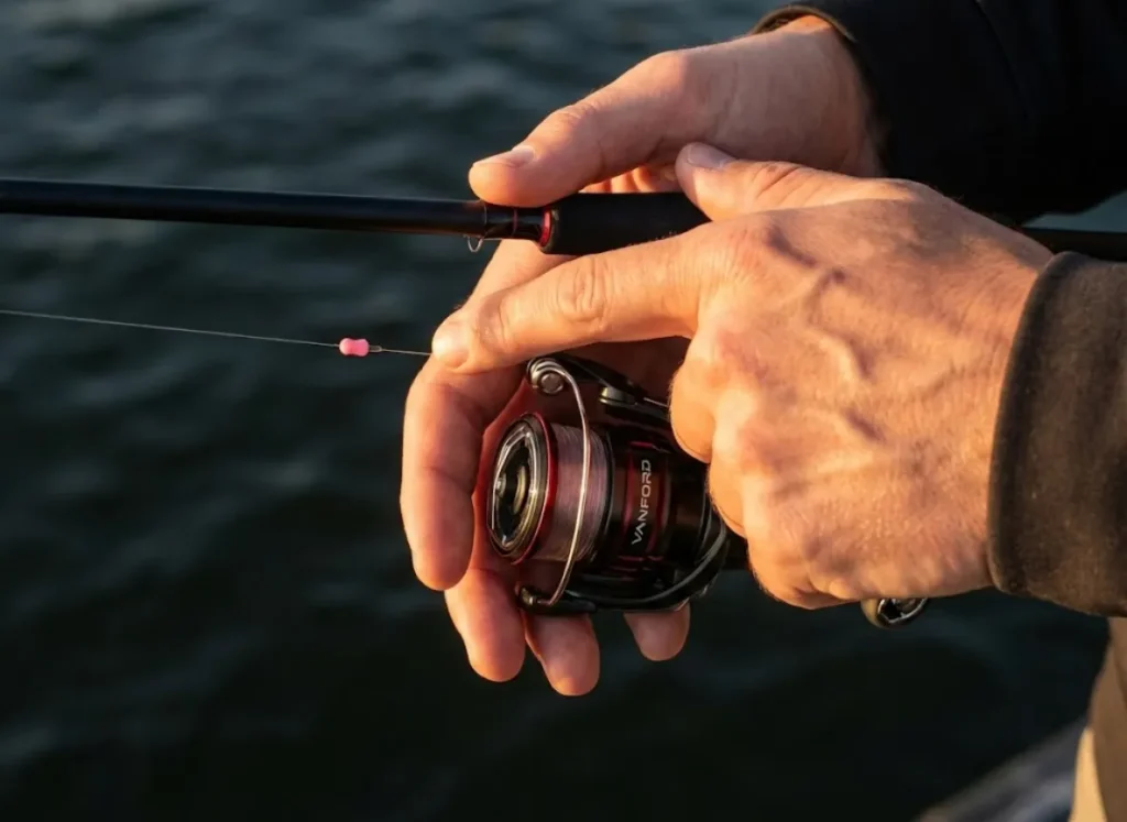 Close-up of an angler's hand on a Shimano spinning reel, feeling for a subtle bite on a deep water slip bobber rig.