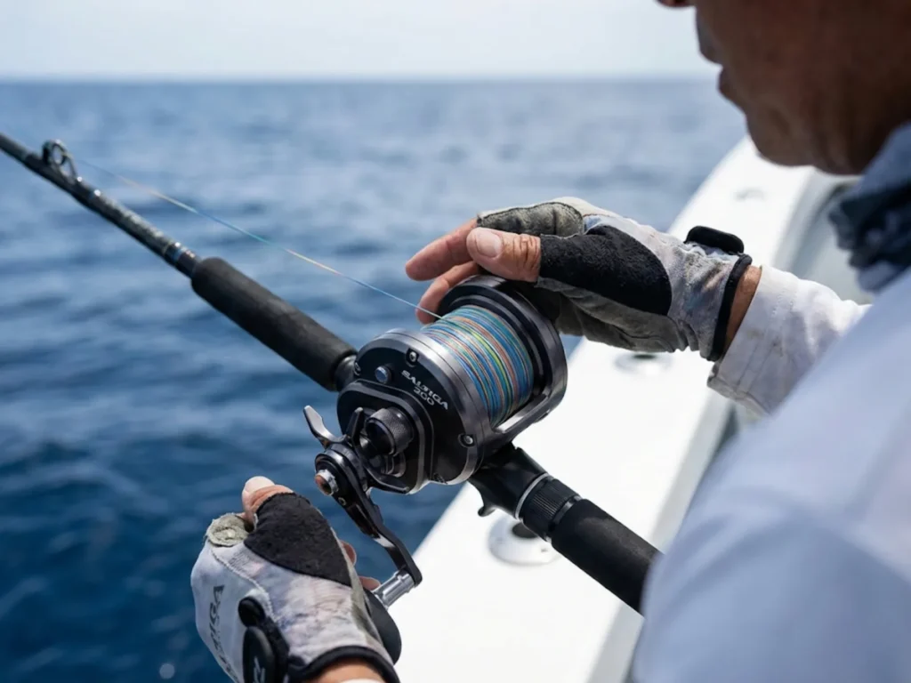 Metered braided line deploying from Daiwa Saltiga reel during deep water jigging drop