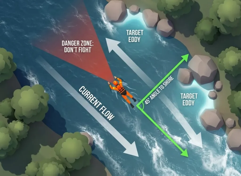 An overhead infographic diagram of a river scene showing a swimmer navigating the current. Visual overlays include white flow arrows, a green dotted line indicating a 45-degree swim angle toward the shore, and red warning zones indicating where not to swim.