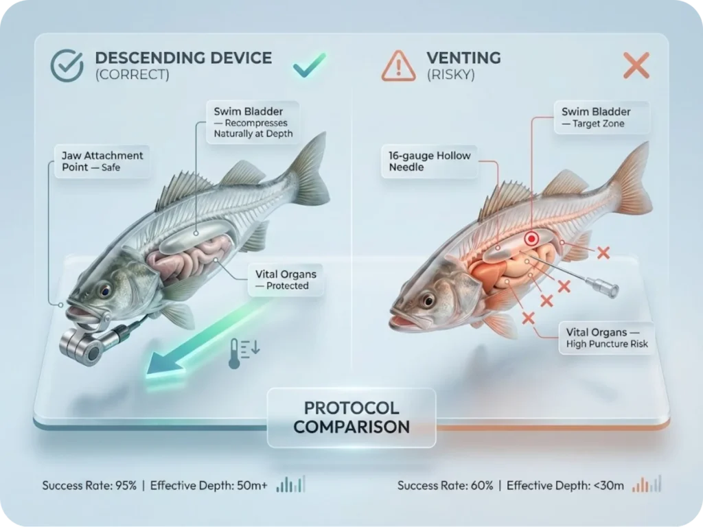 Educational comparison infographic showing correct descending device attachment at fish jaw versus incorrect venting needle placement, with fish internal anatomy highlighting vital organs and swim bladder.