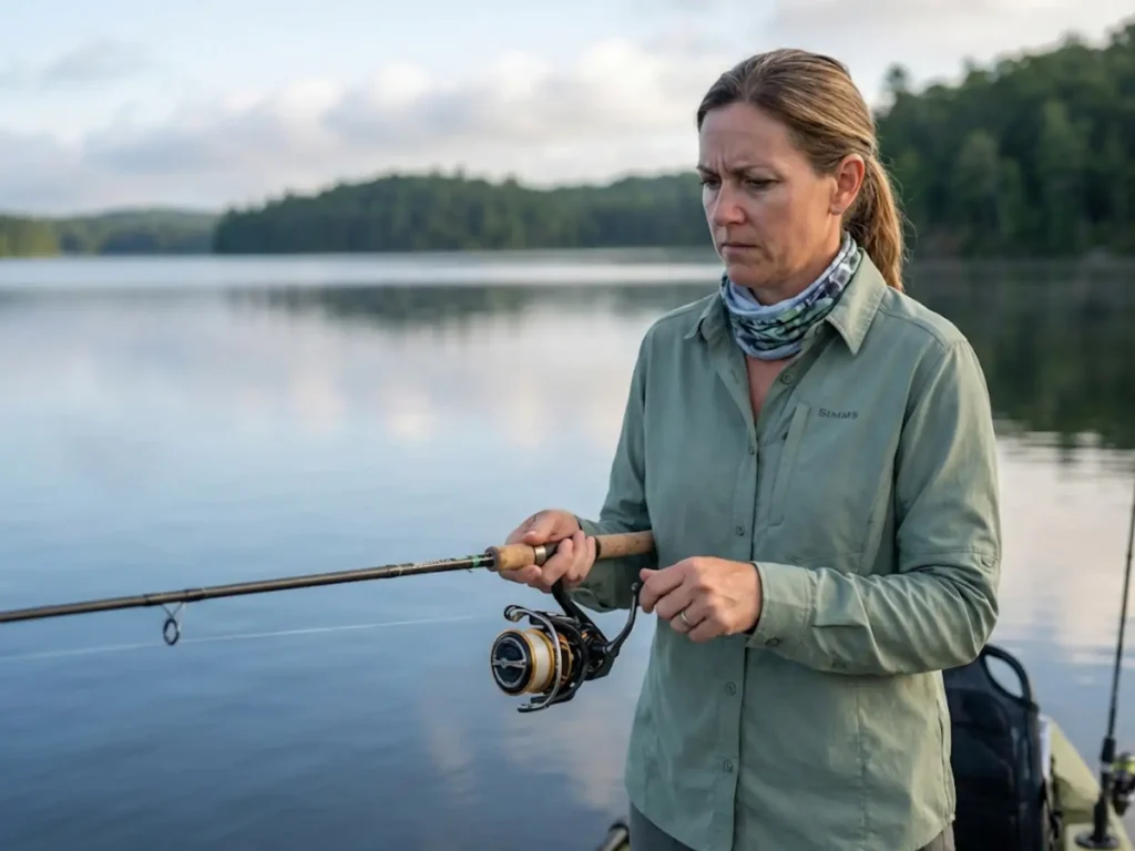 Angler diagnosing anti-reverse reel failure by testing handle back-spin while standing on fishing kayak
