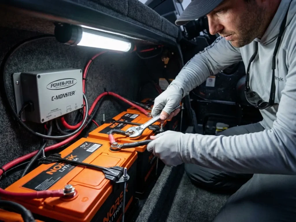 Angler disconnecting boat battery cable to prevent parasitic drain during winter