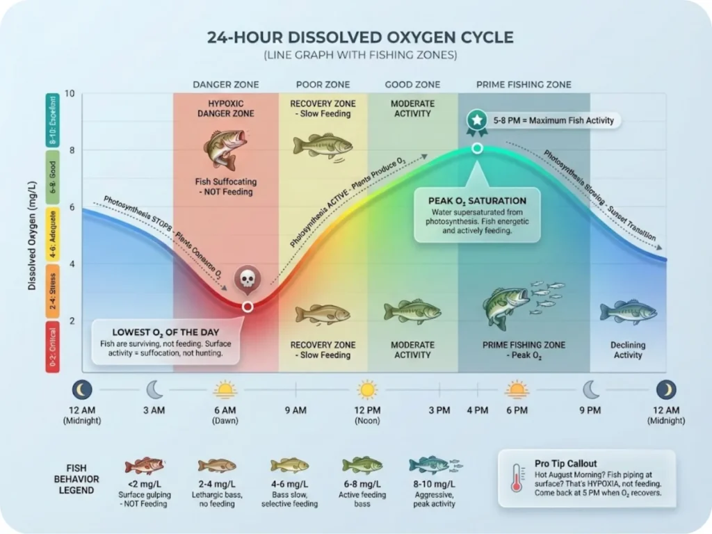 24-hour dissolved oxygen level graph showing dawn hypoxia danger zone and afternoon peak fishing zone with fish feeding activity correlation.
