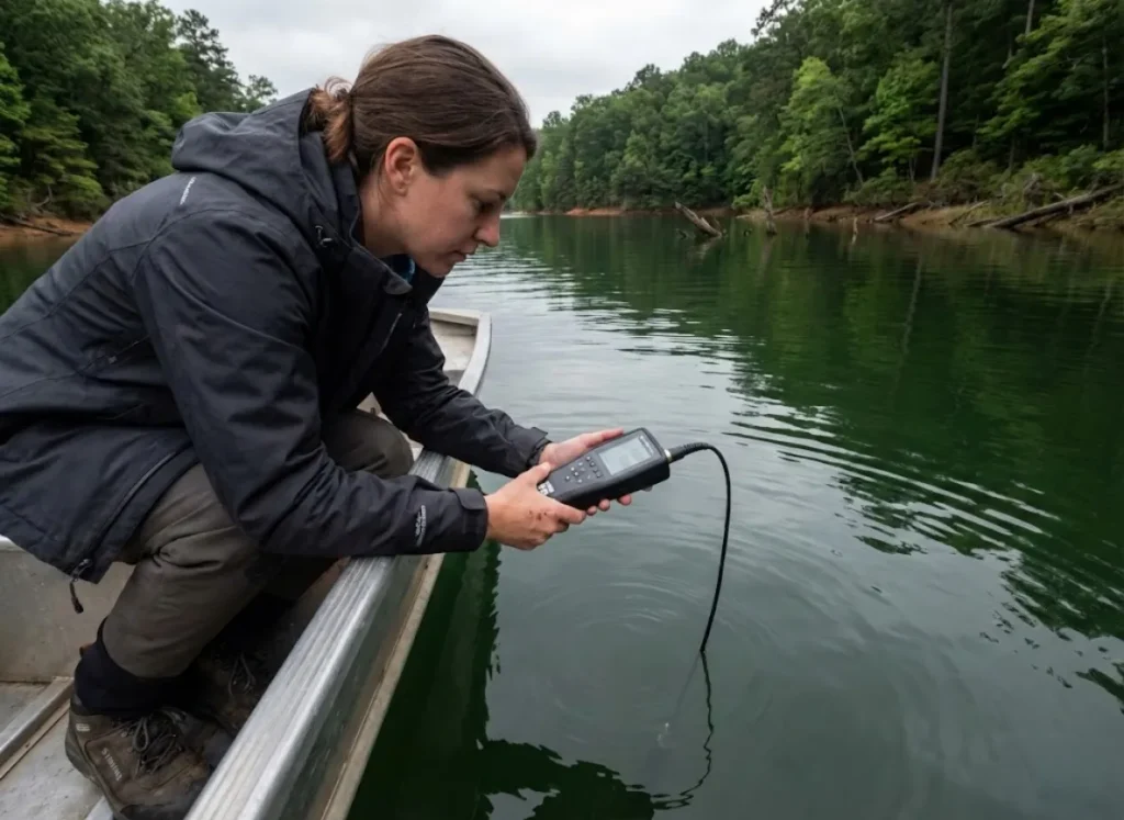 Water quality meter measuring dissolved oxygen levels to find striped bass habitat