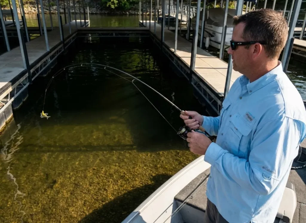 Angler shooting a crappie jig under boat dock during hard pre-spawn phase