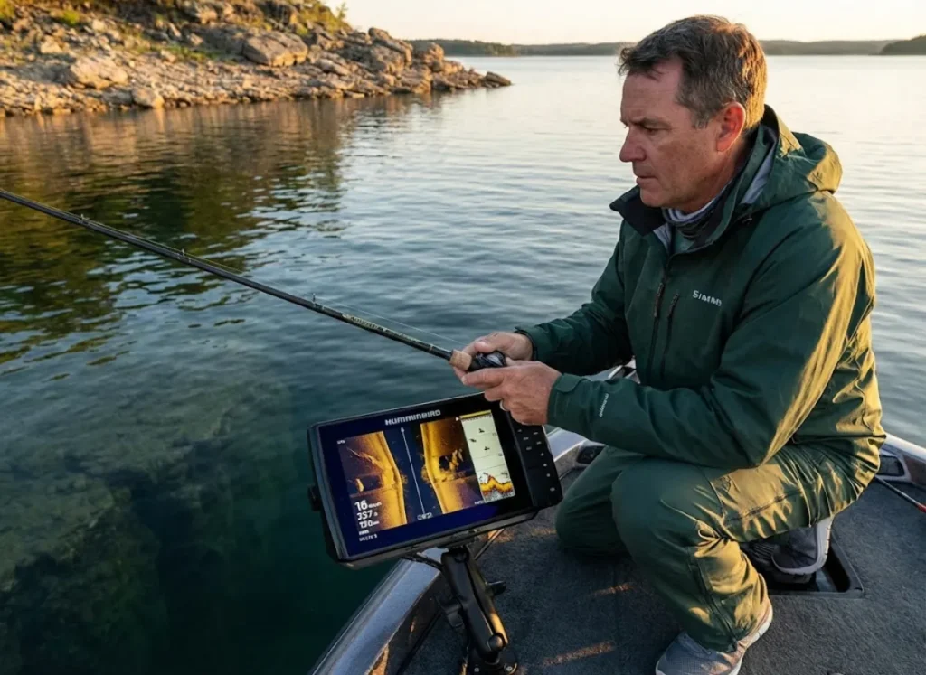 Angler using Humminbird down imaging to locate fish on deep lake ledge