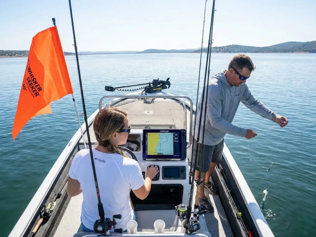 Anglers using GPS chartplotter and planer boards for controlled drift fishing over reservoir flats