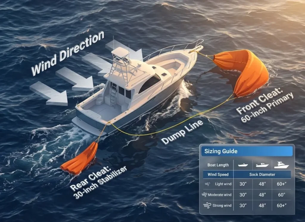 An isometric 3D infographic showing a fishing boat drifting sideways using two drift socks of different sizes. The visual includes wind direction arrows, a dump line highlight, and a floating data table for drift sock sizing based on boat length and wind speed.