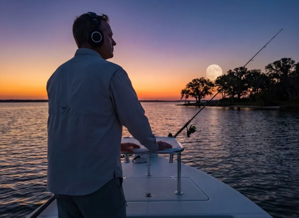 Angler listening through hydrophone at dusk with full moon rising, timing acoustic fishing to spawning chorus
