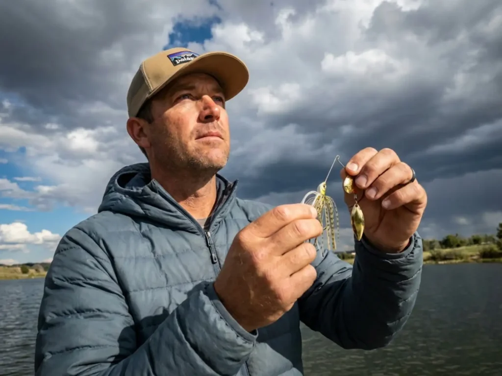 Angler checking weather conditions to choose spinnerbait blade wearing Patagonia gear
