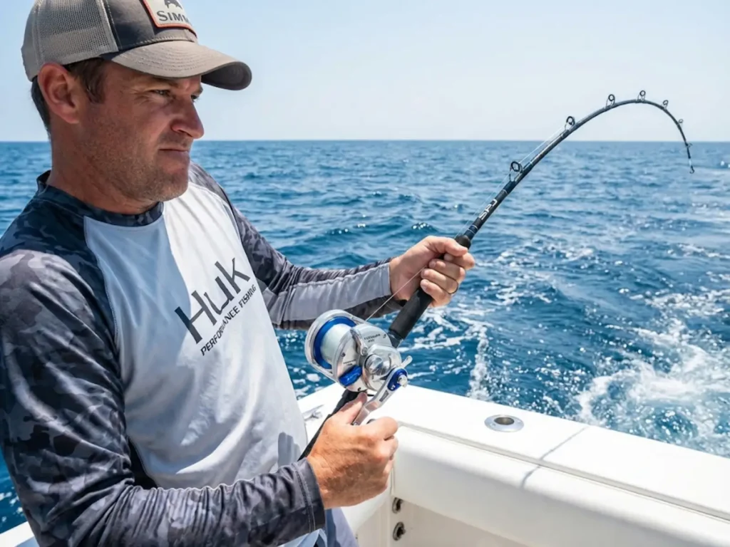 Angler fighting deep water fish with half-empty spool on Shimano Torium reel