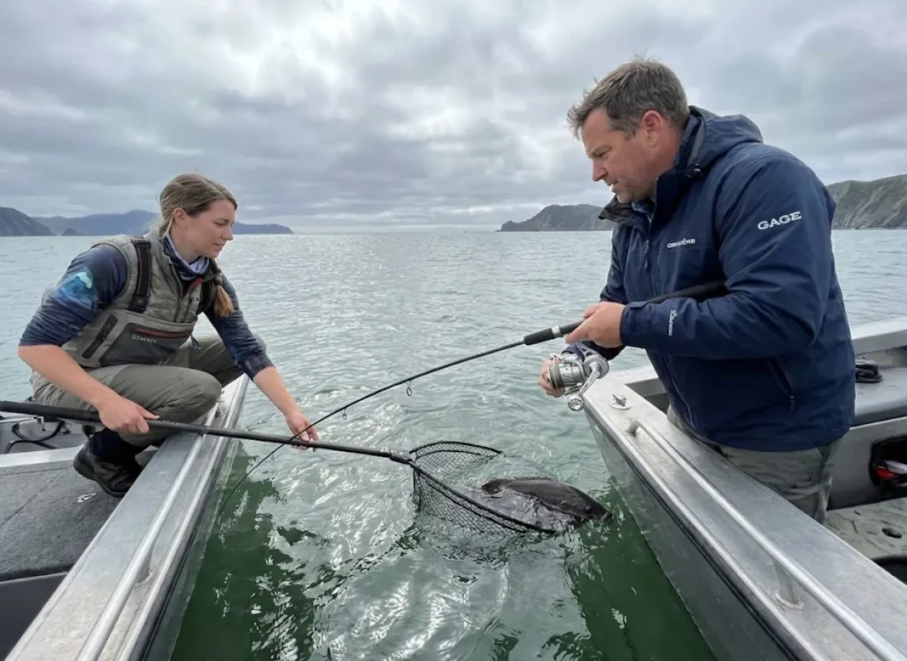 Angler guiding big fish toward net during endgame with side pressure technique