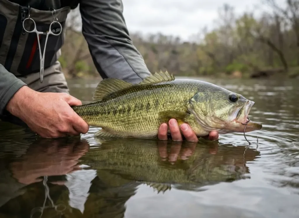 Angler gently releasing a bass in the water, highlighting the use of a circle hook for safe catch and release.