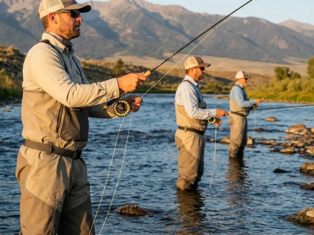 Three anglers demonstrating proper buffer zone spacing on tailwater river