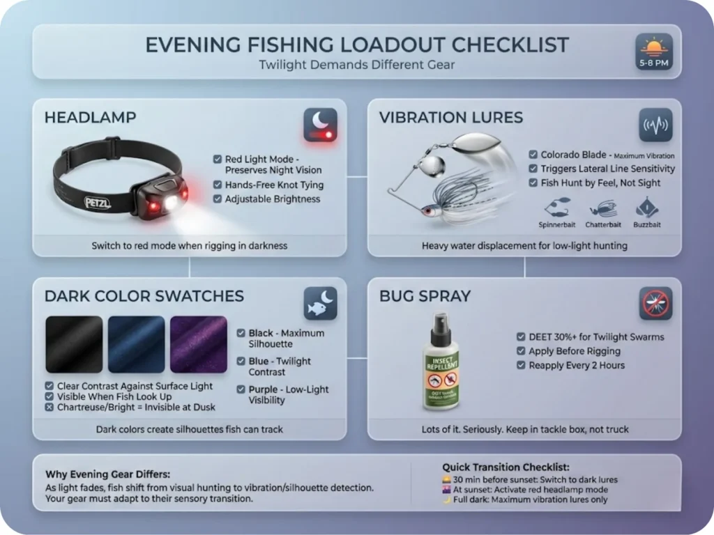 Essential evening fishing gear checklist showing headlamp with red light, vibration lures, dark color swatches, and bug spray for twilight success.