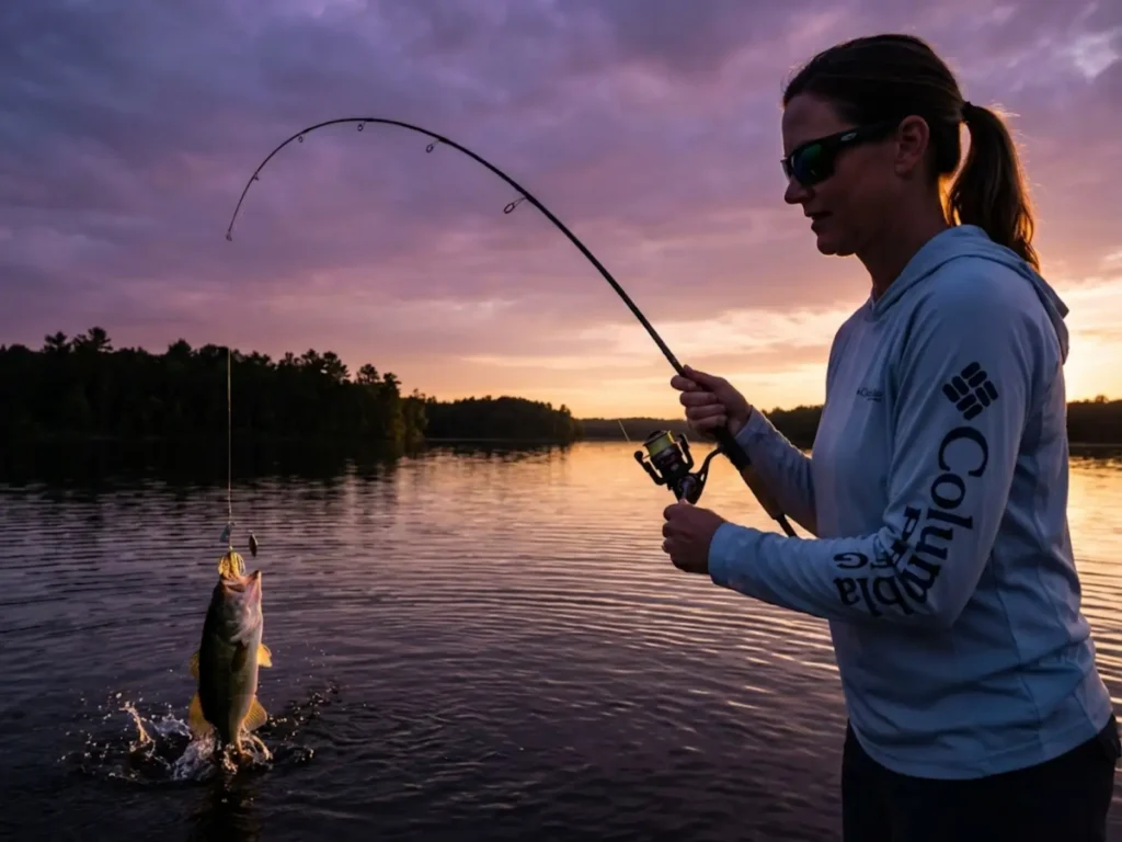 Female angler fighting a bass on spinnerbait at dusk with dramatic sunset sky