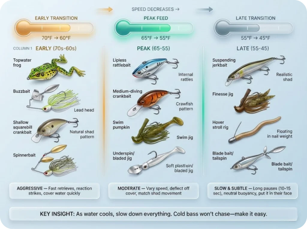 Temperature-based decision matrix infographic for fall bass fishing showing three phases (Early, Peak, Late) with temperature ranges, recommended lure categories with illustrations, and key retrieve notes for each phase.