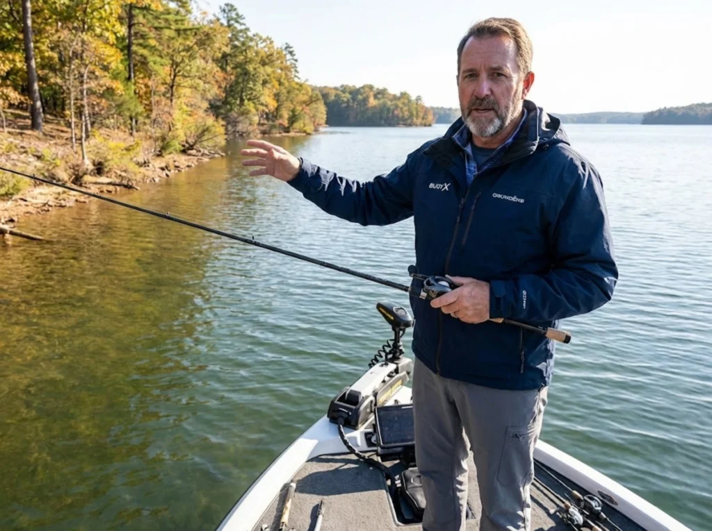 Angler scouting creek arm entry point for fall bass migration pattern