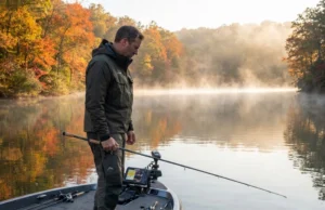 Fall Bass Transition Confused You? Here’s the Depth Playbook Angler studying fish finder during fall bass transition on misty reservoir