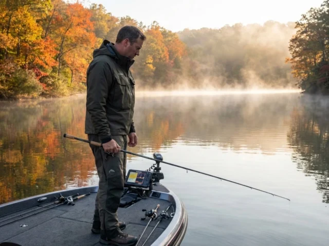 fall-bass-transition-depth-playbook-hero Angler studying fish finder during fall bass transition on misty reservoir