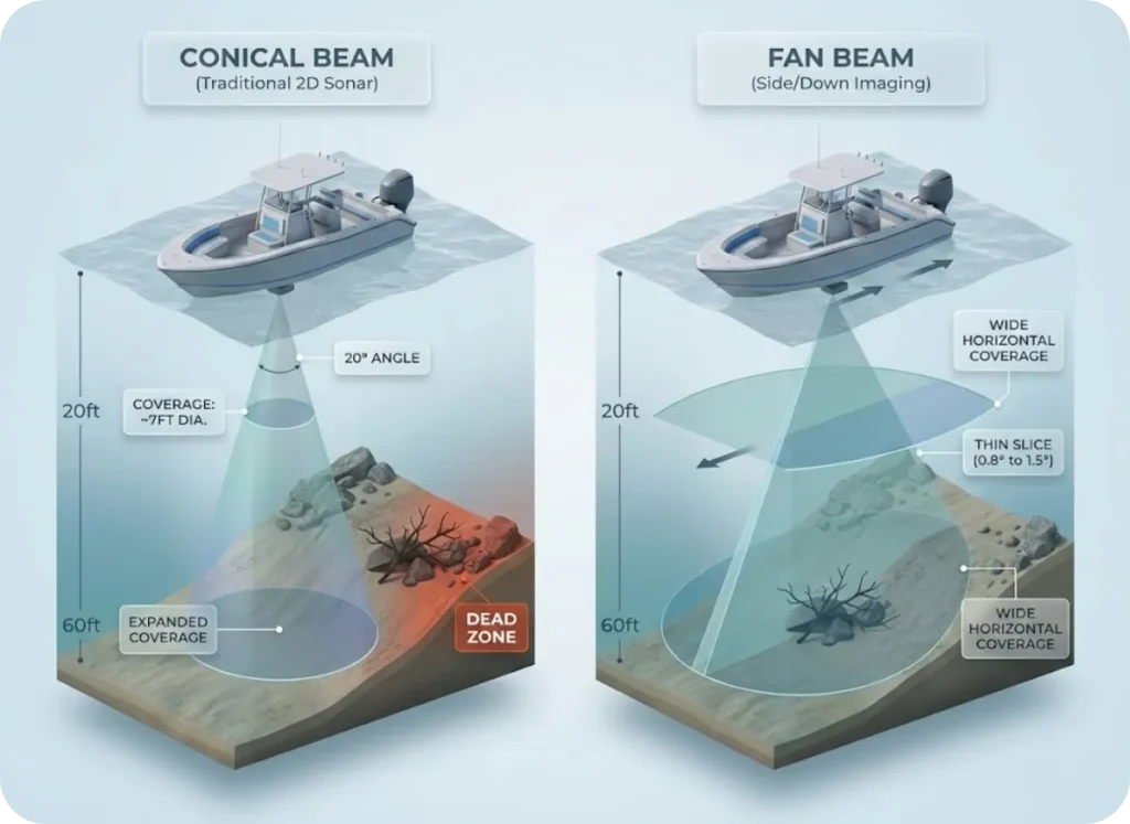 Technical comparison infographic showing conical 2D sonar beam with dead zones on slopes versus fan beam geometry used in side imaging and down imaging, with beam angle measurements and coverage footprints at 20ft and 60ft depths.