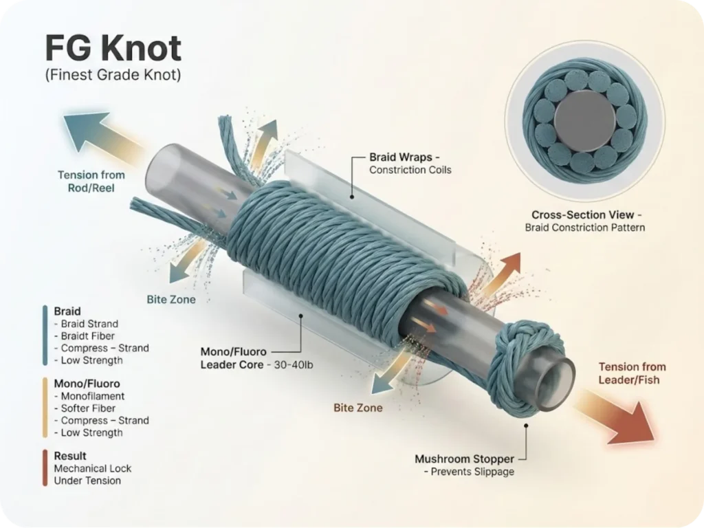 Technical cross-section diagram of the FG Knot showing braid-to-mono connection mechanics: braided line wraps constricting around monofilament leader core under tension, with directional force arrows and mushroom stopper detail.