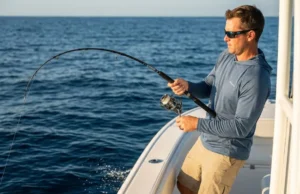Fighting Big Fish Technique: A Phase-by-Phase Playbook Angler fighting big fish with bent rod and proper low angle technique on ocean boat
