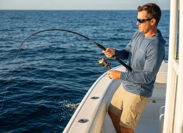 fighting-big-fish-technique-hero Angler fighting big fish with bent rod and proper low angle technique on ocean boat