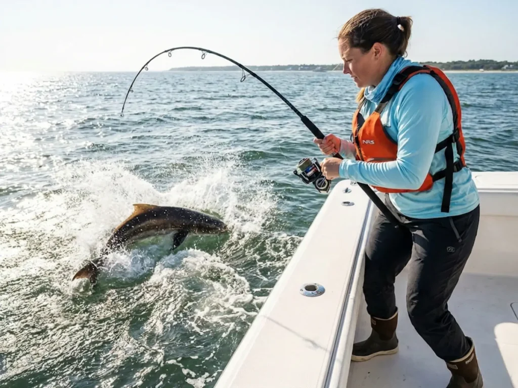 Angler fighting large cobia performing death roll near boat using heavy tackle and proper technique