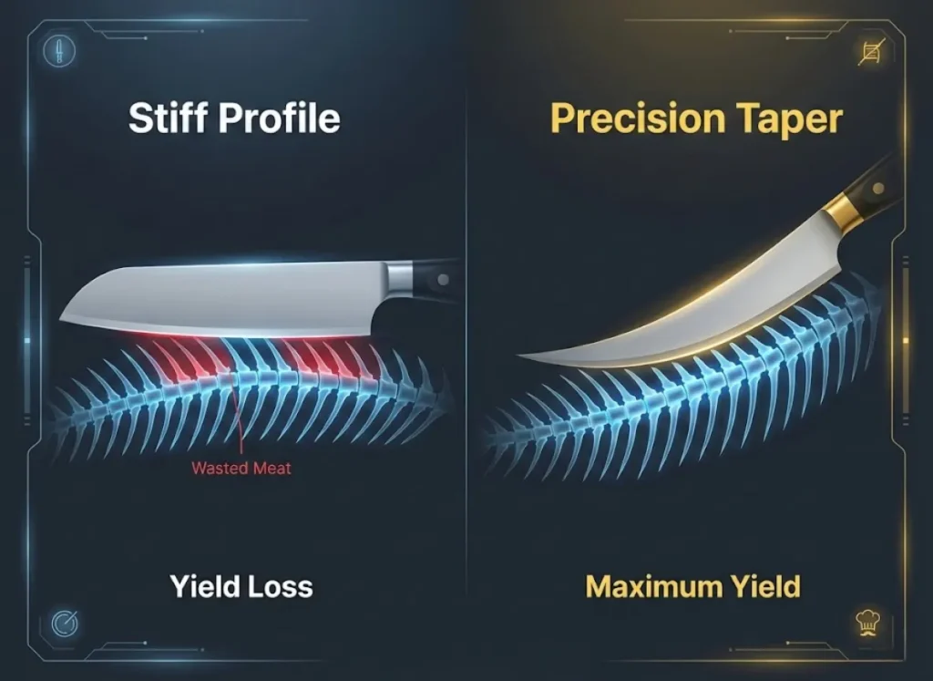 A split-screen technical diagram comparing fillet knife performance. The left side illustrates a stiff blade planing over a fish spine causing meat loss, while the right side shows a flexible tapered blade contouring the vertebrae for a clean cut.