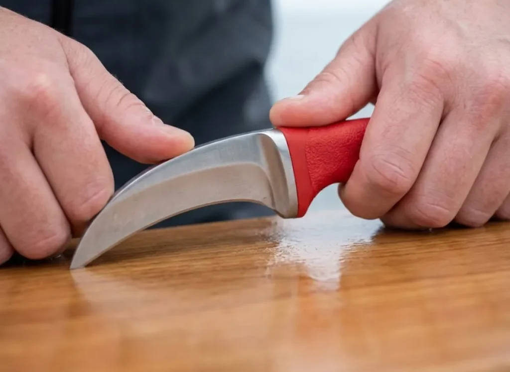 Close-up of a hand flexing a fillet knife blade against a table to demonstrate the distal taper and flexibility of the steel.