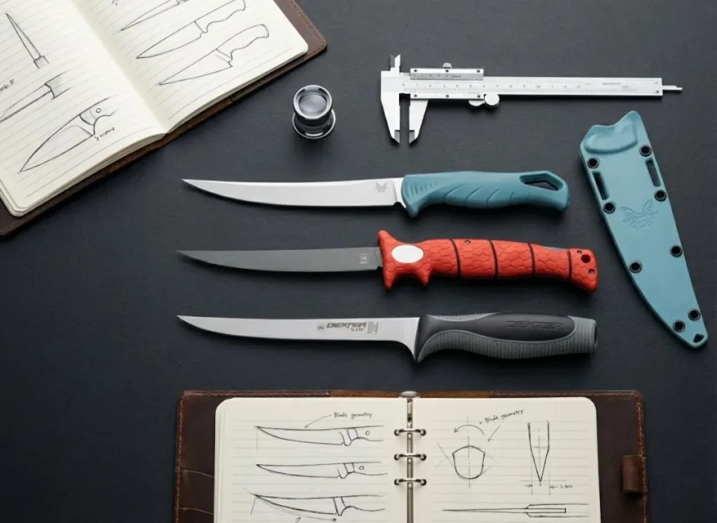 An overhead flat-lay photography shot of various fillet knives, calipers, and notes arranged neatly on a dark table, representing a rigorous testing process.