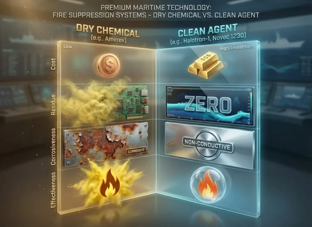 A sophisticated 3D comparison matrix titled 'Dry Chemical vs. Clean Agent,' evaluating fire suppression methods based on Cost, Residue, Corrosiveness, and Effectiveness, set against a high-tech electronics background.