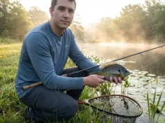 Caught Your First Fish? Here’s What to Do in 60 Seconds holding first fish correctly with wet hands at pond edge during sunrise