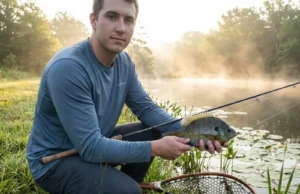 Caught Your First Fish? Here’s What to Do in 60 Seconds holding first fish correctly with wet hands at pond edge during sunrise
