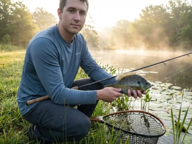 first-fish-handling-wet-hands-release holding first fish correctly with wet hands at pond edge during sunrise