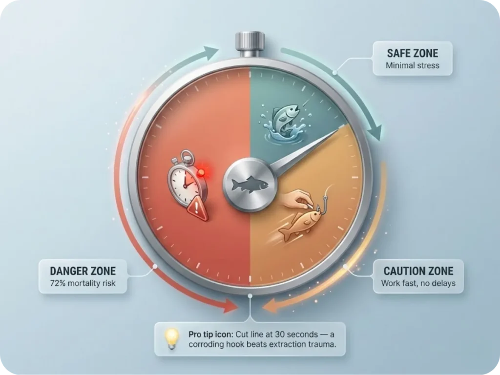 Circular countdown timer infographic showing three fish air exposure zones: green (0-10 seconds, safe), yellow (10-60 seconds, caution), and red (60+ seconds, critical mortality risk), with recommended actions for catch-and-release anglers.
