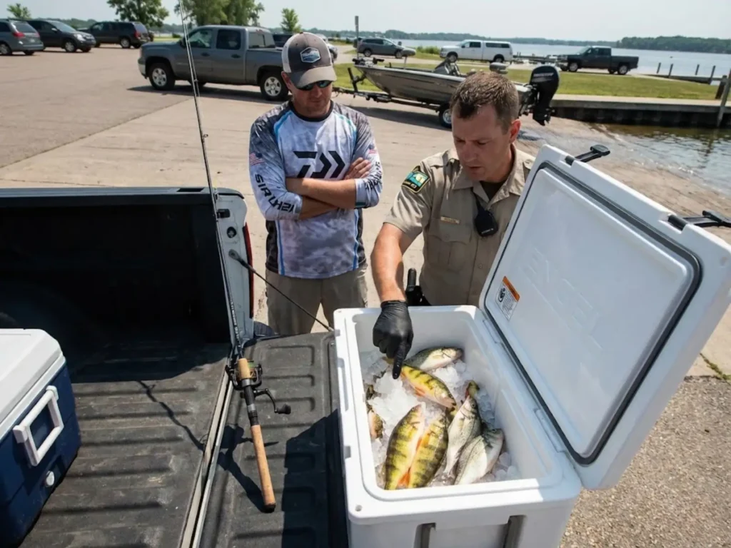 DNR conservation officer conducting creel survey and inspecting angler fish catch at boat launch