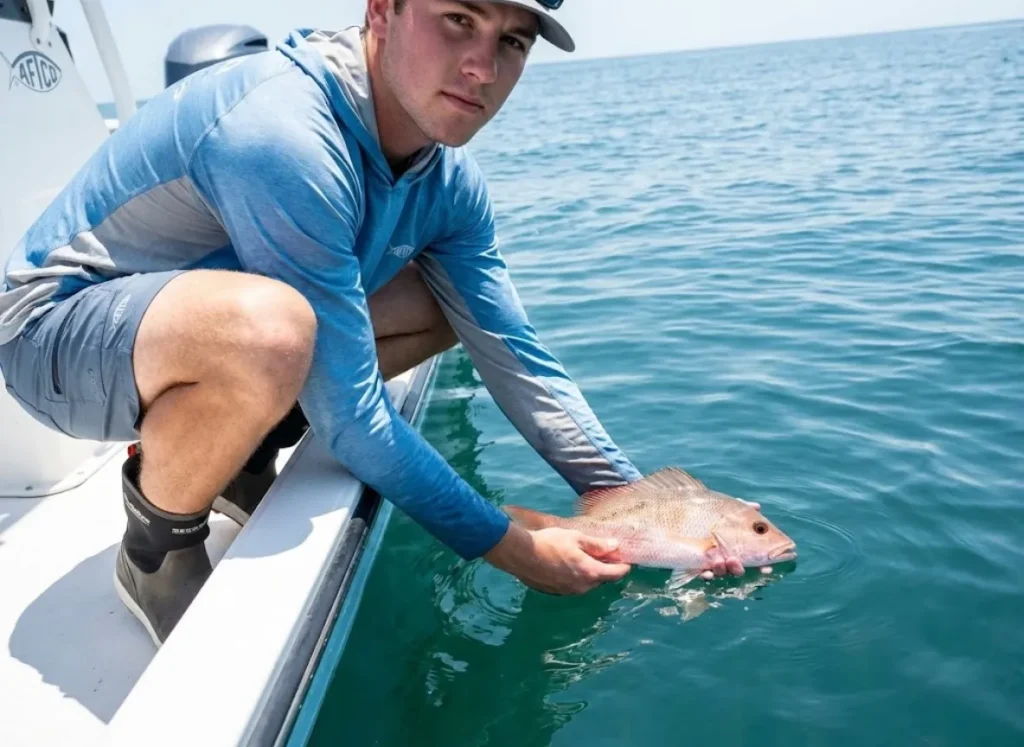 Angler properly reviving juvenile red snapper underwater before release for conservation