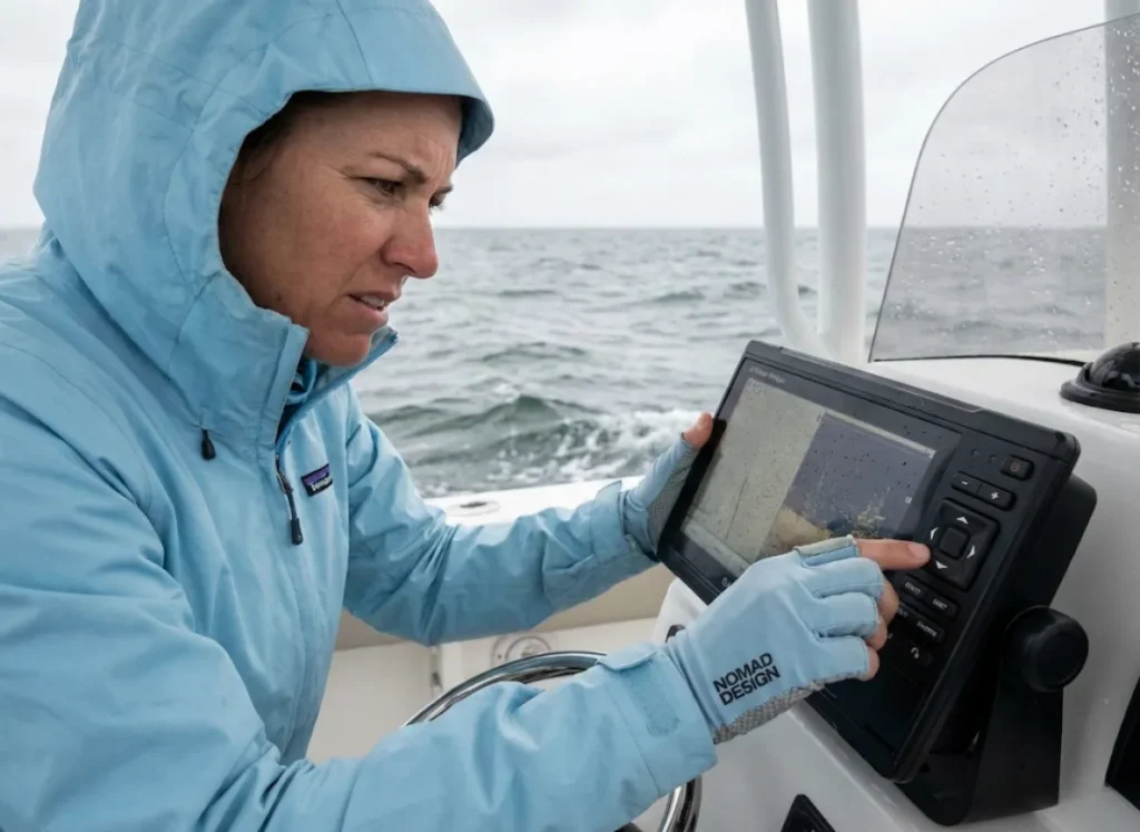 Angler adjusting Garmin fish finder settings to troubleshoot grainy sonar image