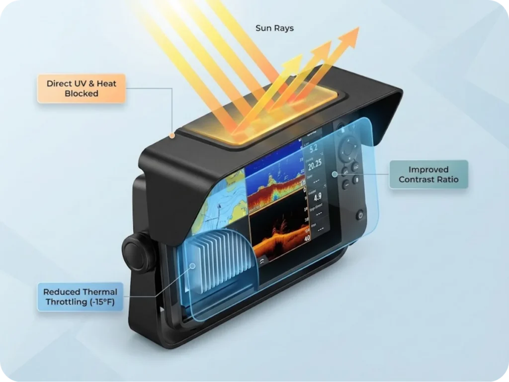 Technical cross-section infographic showing how a marine fish finder visor blocks sun rays to prevent thermal throttling and improve screen contrast.