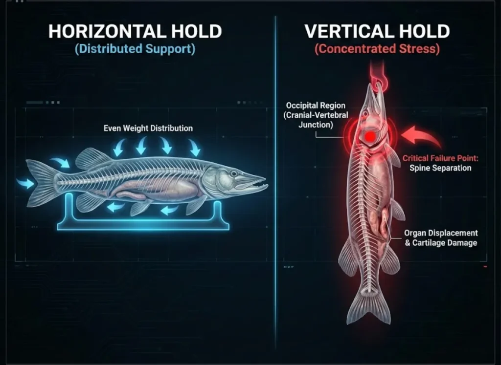 A side-by-side medical infographic comparing the effects of horizontal versus vertical holds on a large fish's skeleton. The left panel shows a horizontally supported pike with distributed weight arrows and an intact spine. The right panel shows a vertically suspended pike with glowing red stress points at the cranial-vertebral junction and sagging organs, illustrating the risk of injury.